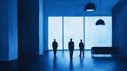 Office teamwork: people collaborate and network; modern palette: blues, greys 