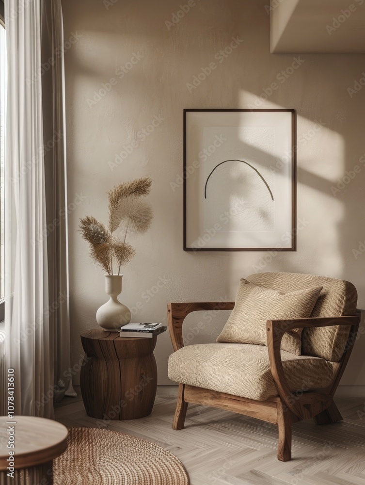 Poster chair is sitting in front of a window with a vase of flowers on a table. the chair is a tan color an