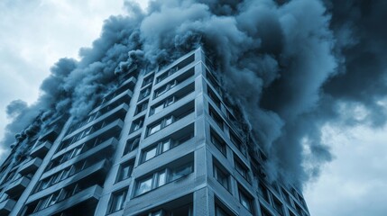 Fototapeta premium Dramatic: Urban apartment building ablaze, smoke billows; monochrome palette recommended 