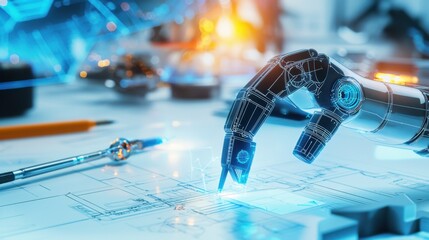 Explore advanced robotics in a futuristic engineering workshop