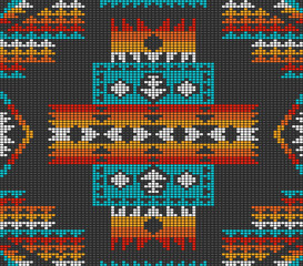 Native American Navajo Aztec beads kilim Raster Pattern. Colorful Southwestern tribal beaded motif black background seamless pattern.