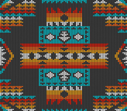 Native American Navajo Aztec beads kilim Raster Pattern. Colorful Southwestern tribal beaded motif black background seamless pattern.