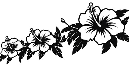 Black and White Silhouette of Hibiscus Flowers with Leaves