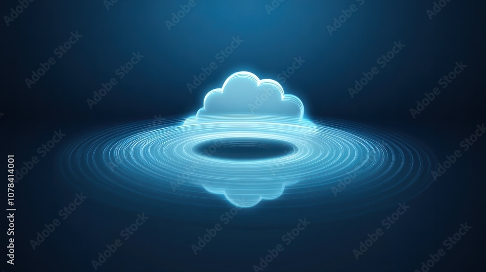 Poster holographic cloud icon with syncing lines between gadgets, representing seamless device synchronizat