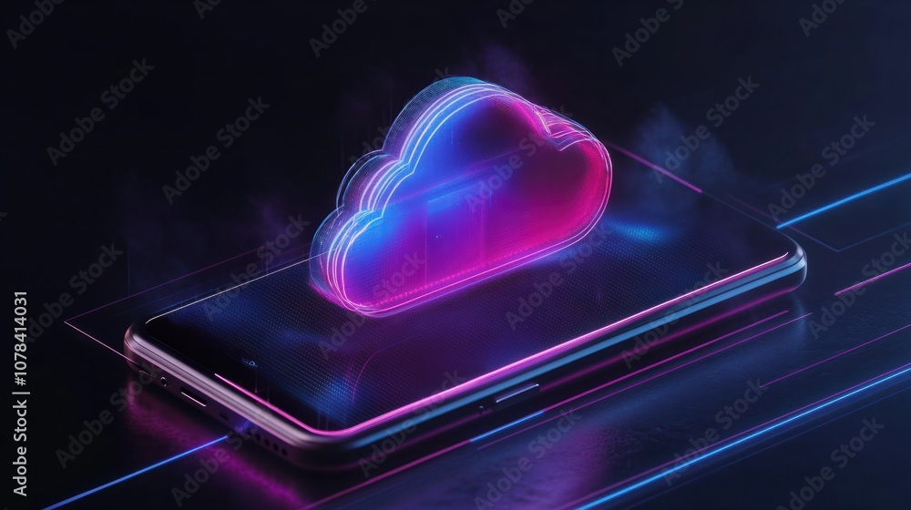 Poster holographic cloud icon with syncing lines between gadgets, representing seamless device synchronizat