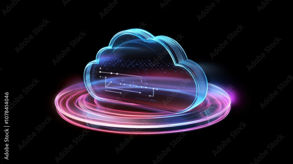 Poster holographic cloud icon with syncing lines between gadgets, representing seamless device synchronizat