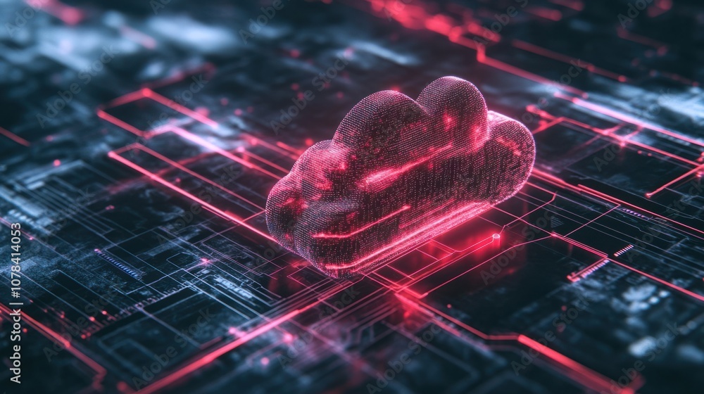 Poster holographic cloud icon with syncing lines to multiple devices, representing real-time connectivity
