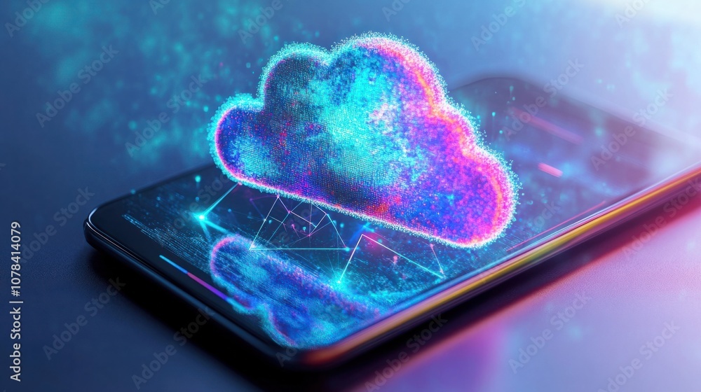 Poster holographic cloud icon with syncing lines between gadgets, representing seamless device synchronizat