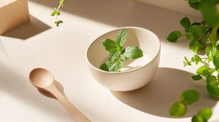 Explore the vibrant freshness of mint leaves on a soft beige surface
