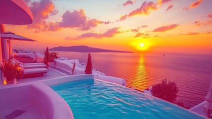 Obraz premium A stunning sunset over a turquoise infinity pool overlooking the Aegean Sea.