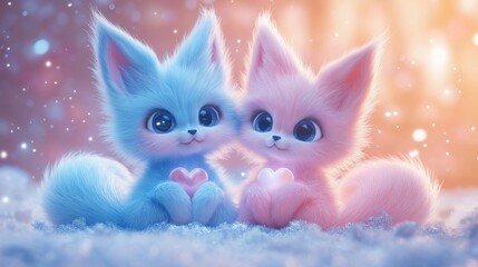 Adorable 3d foxes holding hearts in winter wonderland scene for holiday decoration and cards