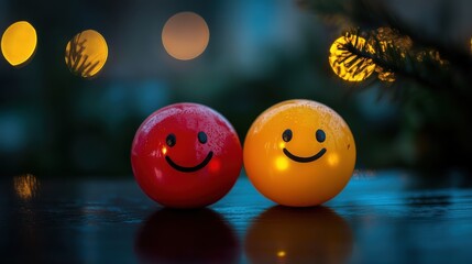 Bold red and yellow happinessthemed objects against a dark background for International Day of Happiness, high contrast, dynamic energy, surreal, multilayer, matte black backdrop