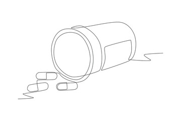 Capsule medicine was thrown out of the bottle. Medicine concept one-line drawing