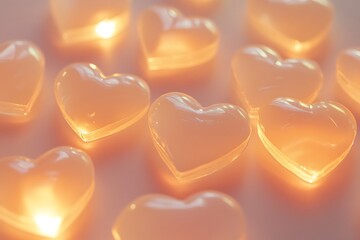Heart shapes with soft glowing edges scattered over a pale peach background.