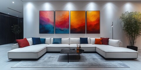 Modern living room with white sectional sofa, abstract paintings, and a rug.