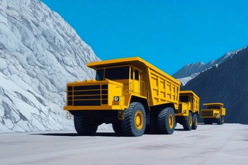 Yellow mining trucks at sunny openpit mine, vibrant industrial scene Use warm palette 