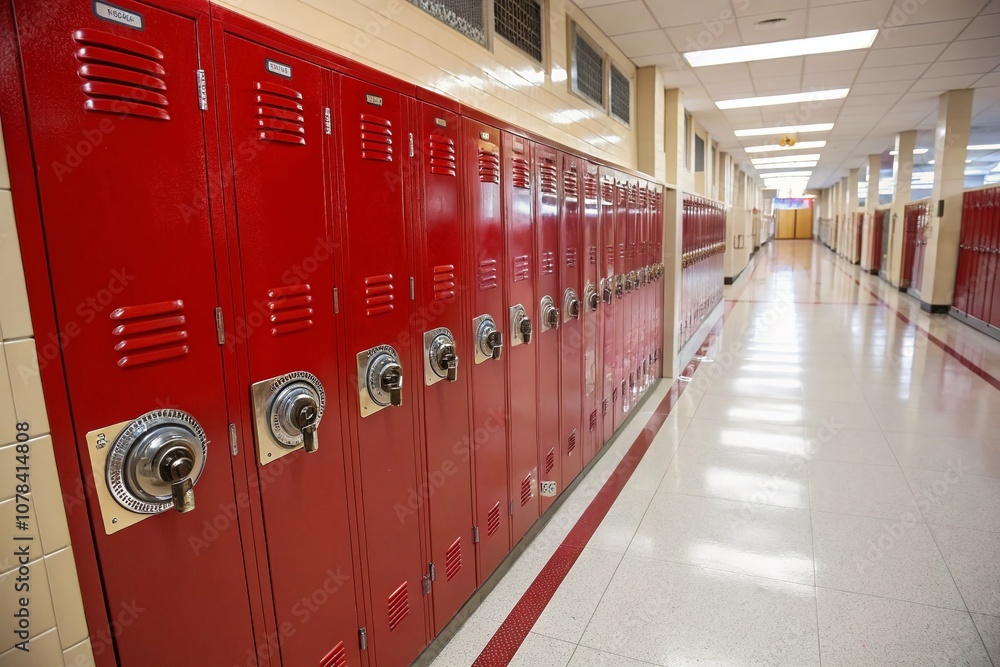 Aufkleber aerial view of red school lockers with combination locks in a bright hallway showing colorful interi