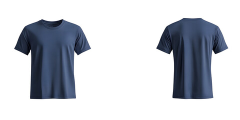 Tshirt Blue. Blank Cotton T-shirt Navy Blue Template Front and Back View on White Background