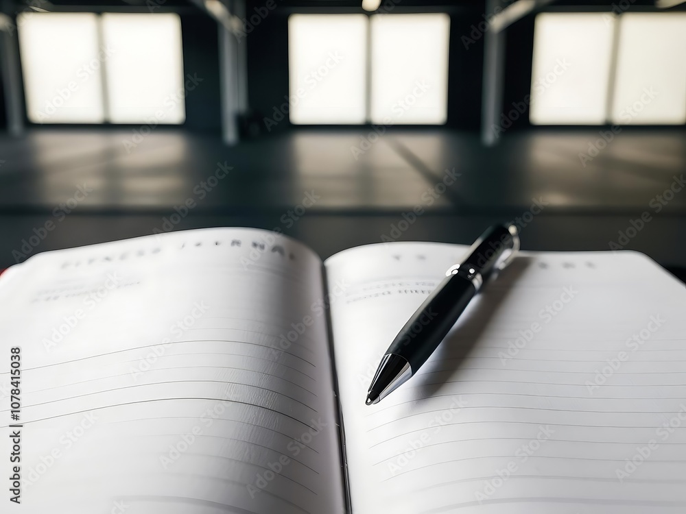 Poster workout routine planner. a neatly arranged pen rests on an open notebook, set against a spacious, br