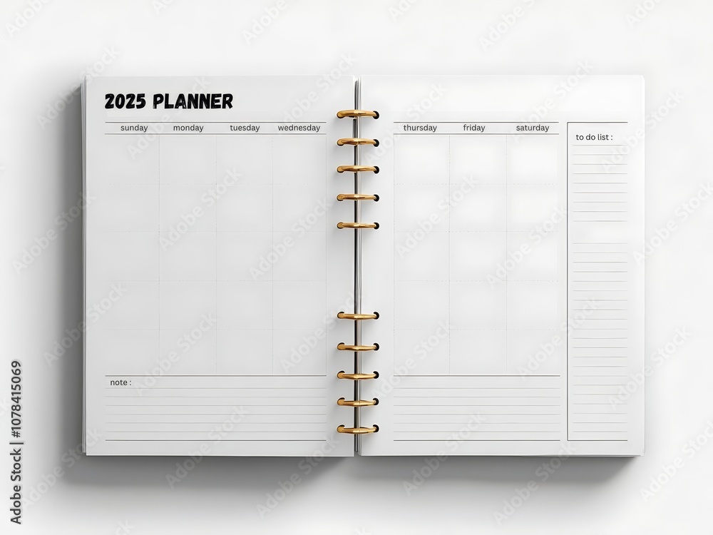 Aufkleber a minimalistic 2025 planner opened to show sections for scheduling and note-taking, featuring a clea