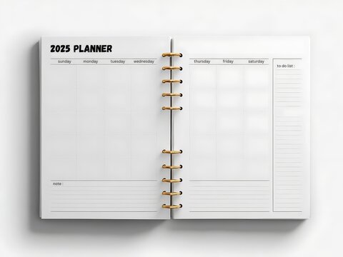 A minimalistic 2025 planner opened to show sections for scheduling and note-taking, featuring a clean layout with ample space. - Powered by Adobe