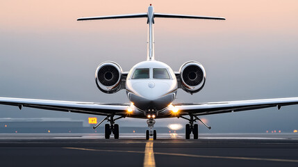 Front view of a private jet with twin engines on a runway, featuring a clear sky background during early morning or evening light.