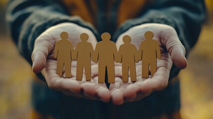Open hands holding five paper figures representing a community.