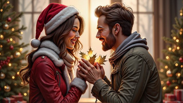 Christmas Eve proposal. Joyful holiday connection: Couple in festive attire sharing a magical moment with a golden leaf, surrounded by Christmas trees and lights.
