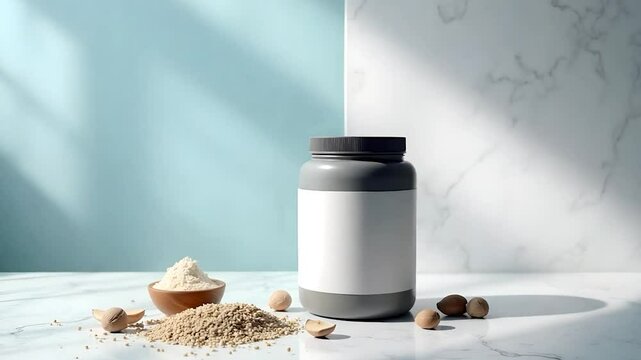 Protein Powder Container with Supplement Ingredients on Marble Surface