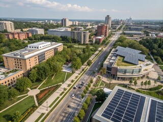 Aerial View of Sustainable City Development Showcasing Green Spaces, Renewable Energy, and Sustainable Practices for a Better Future in Line with SDGsCMYK Goals
