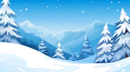 Snow-Covered Pine Trees and Mountain Landscape Under a Blue Winter Sky