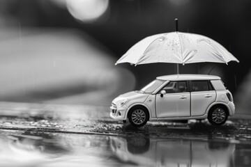 White vehicle carrying an umbrella in a rainy cityscape.