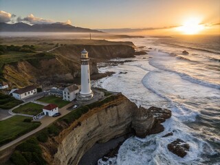 Aerial View of the Majestic Three Sisters Lighthouse Overlooking the Ocean with Dramatic Cliffs and Waves, Capturing the Serenity of Coastal Landscapes at Sunset