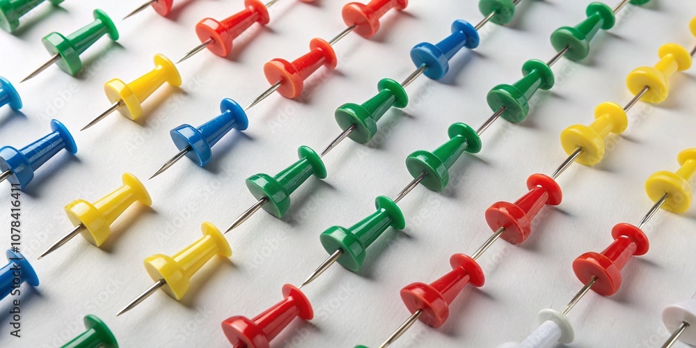 Poster aerial view of various realistic push pins in different colors isolated on a clean background for cr