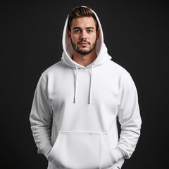 Obraz premium Mockup of a man wearing a white unisex pullover hoodie with a drawstring and front pocket, perfect for showcasing apparel design and branding