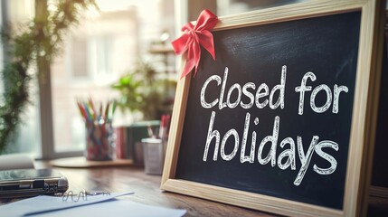 A blackboard with 'closed for holidays' text, surrounded by festive decor, signifies a temporary break.
