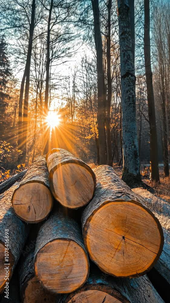 Poster sunlight streaming through trees illuminating stacked logs in a forest