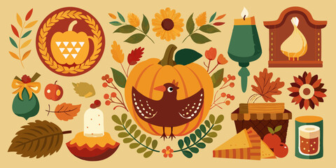 Thanksgiving Greetings Collection of Autumn Elements and Food Illustrations. Thanksgiving greetings, collection set of vintage victorian style Tha nksgiving cards