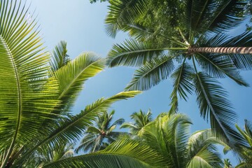 Fototapeta premium Aerial View of Vibrant Palm Leaves Against a Crystal Clear Blue Sky Perfect for Nature and Tropical Themed Designs, Backgrounds, and Eco-Friendly Projects