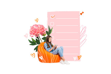 Composite trend artwork 3D sketch image photo collage of young lady sit beanbag write notebook...