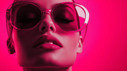 A woman in shades of bright neon pink, styled in a fashion retro funk style, captured in a vibrant and bold presentation slide design, perfect for modern, trendy projects