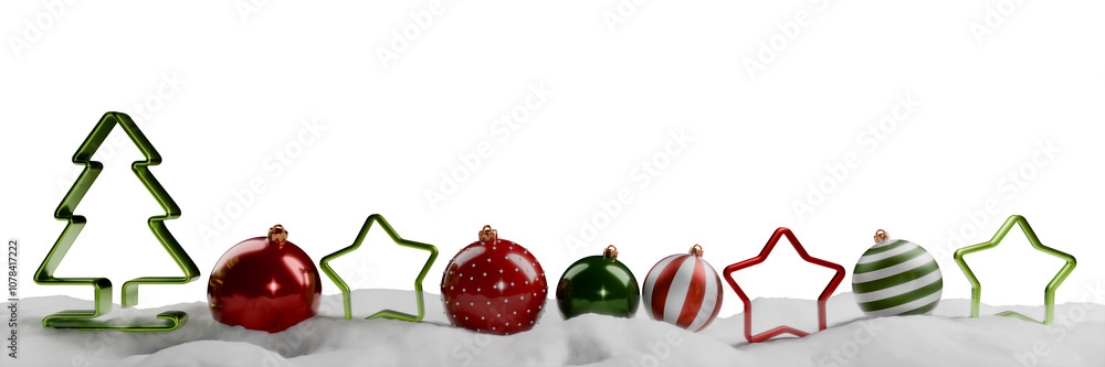 Poster christmas decorations including a tree and colorful ornaments arranged on a snowy surface. 3d render