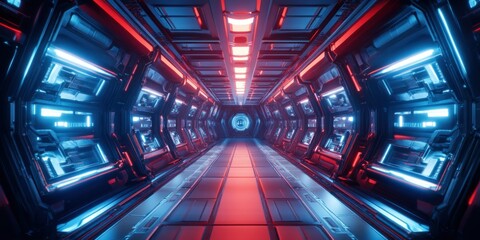 Obraz premium Futuristic Spaceship Corridor with Red and Blue Neon Lights