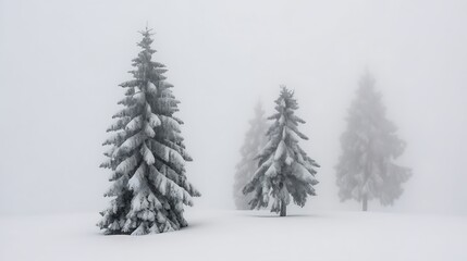 Three Snow-Covered Evergreen Trees in a Misty Forest