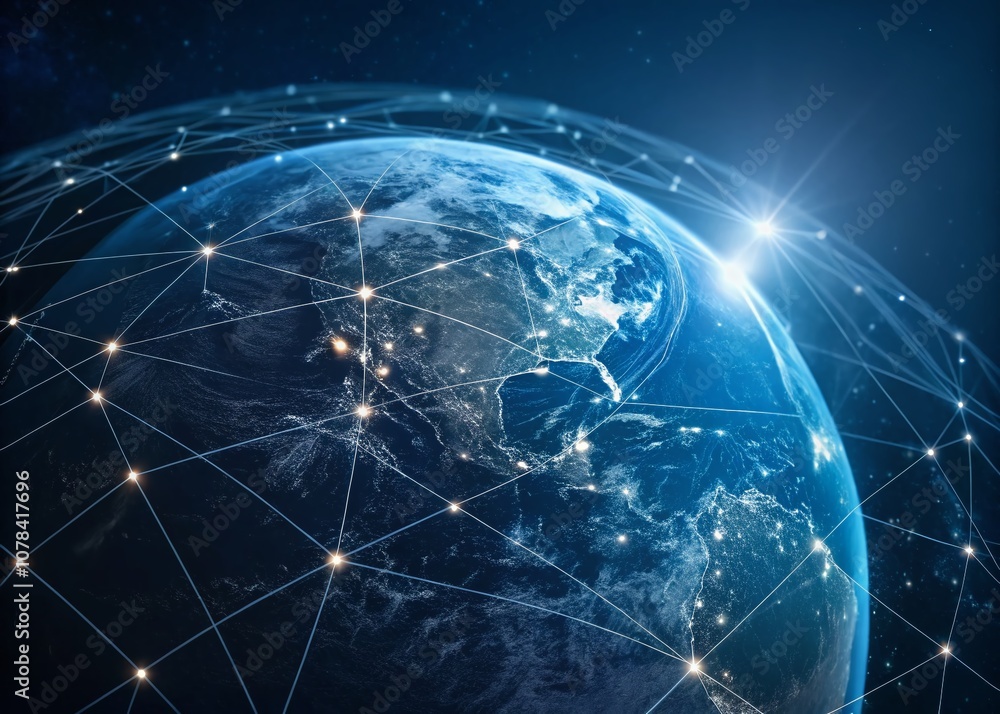 Poster a glowing blue earth connected by lines on a dark background - high depth of field image for global 
