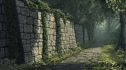A stone wall overgrown with ivy lines a path through a misty forest.
