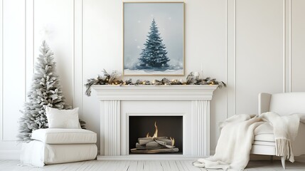White Christmas living room with fireplace and a snowy Christmas tree in the corner.