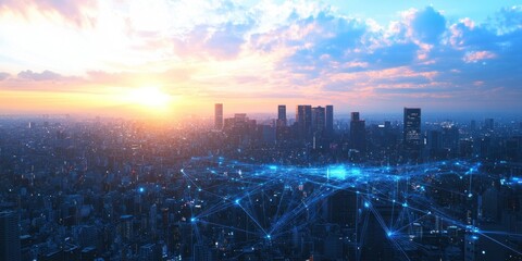 Fototapeta premium Cityscape Sunset with Network Connections