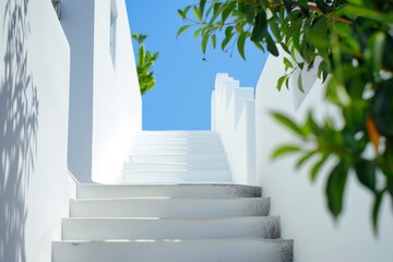 Minimal buildings background with traditional Greek style architecture. Low angle view of white houses against a blue clear summer sky. Neural network ai generated art