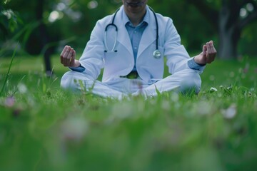 A healthcare professional practicing mindfulness and meditation in a natural setting.